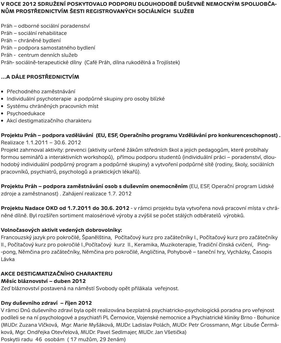 zaměstnávání Individuální psychoterapie a podpůrné skupiny pro osoby blízké Systému chráněných pracovních míst Psychoedukace Akcí destigmatizačního charakteru Projektu Práh podpora vzdělávání (EU,