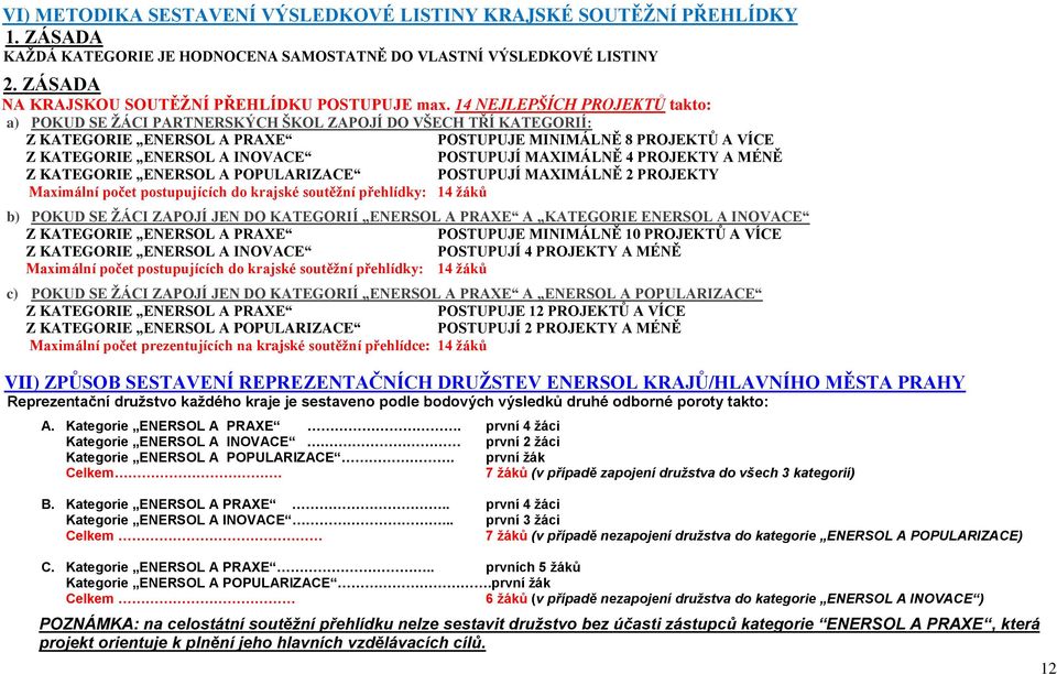 14 NEJLEPŠÍCH PROJEKTŮ takto: a) POKUD SE ŽÁCI PARTNERSKÝCH ŠKOL ZAPOJÍ DO VŠECH TŘÍ KATEGORIÍ: Z KATEGORIE ENERSOL A PRAXE POSTUPUJE MINIMÁLNĚ 8 PROJEKTŮ A VÍCE Z KATEGORIE ENERSOL A INOVACE