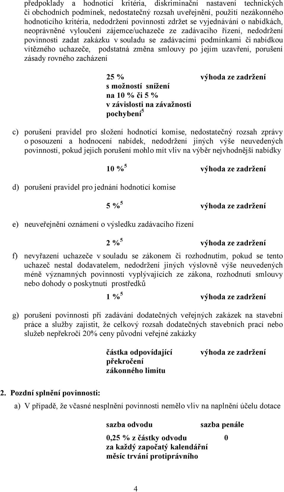 změna smlouvy po jejím uzavření, porušení zásady rovného zacházení 25 % výhoda ze zadržení s možností snížení na 10 % či 5 % v závislosti na závažnosti pochybení 5 c) porušení pravidel pro složení