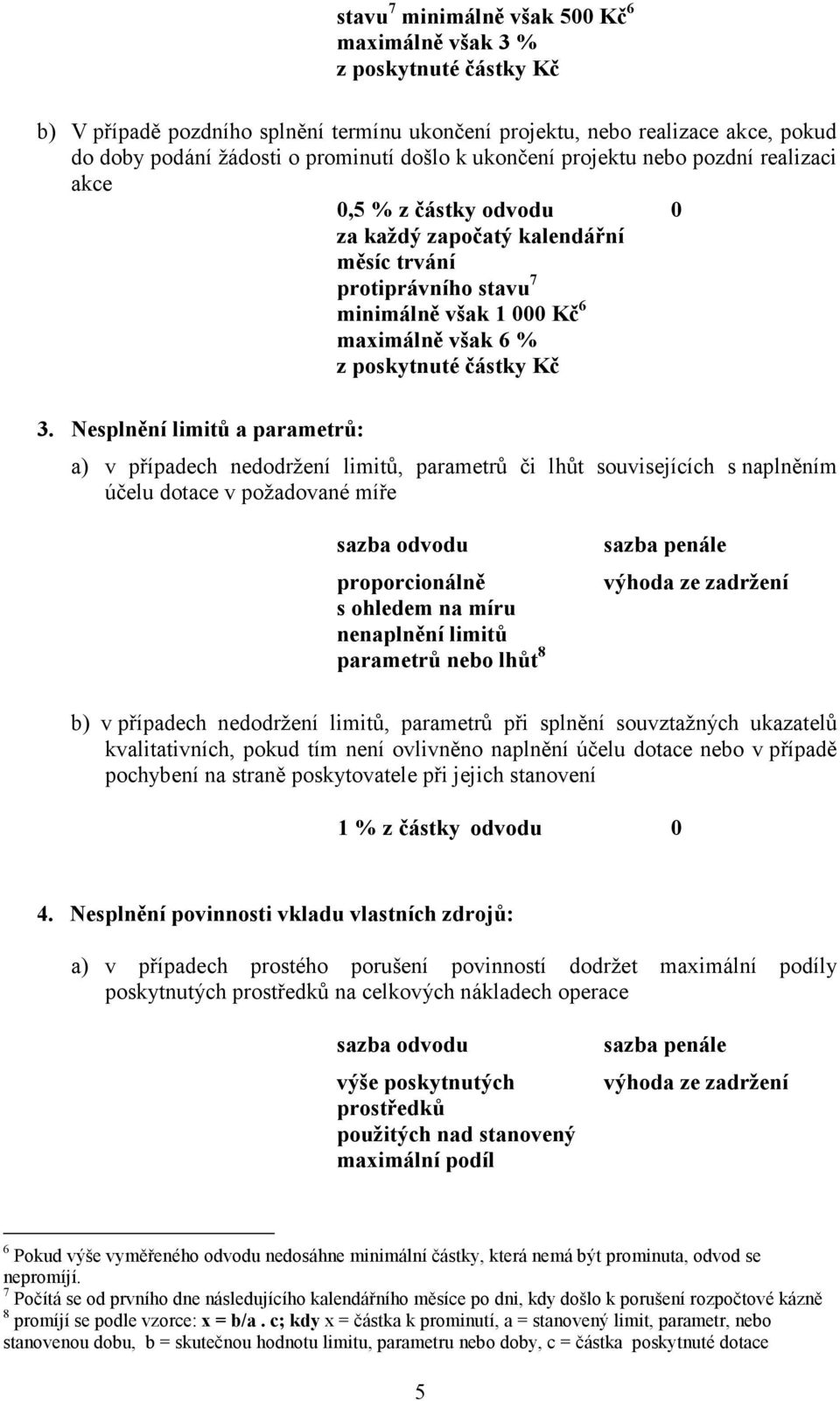 Kč 3. Nesplnění limitů a parametrů: a) v případech nedodržení limitů, parametrů či lhůt souvisejících s naplněním účelu dotace v požadované míře proporcionálně s ohledem na míru nenaplnění limitů