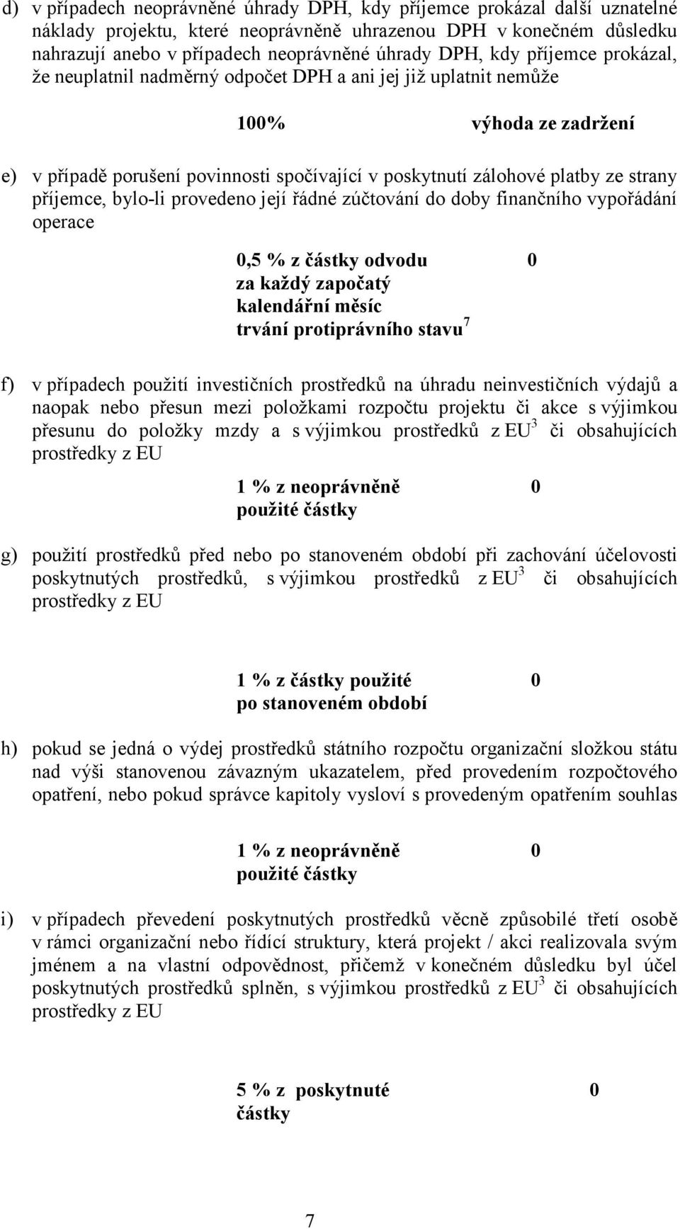 příjemce, bylo-li provedeno její řádné zúčtování do doby finančního vypořádání operace 0,5 % z částky odvodu 0 za každý započatý kalendářní měsíc trvání protiprávního stavu 7 f) v případech použití