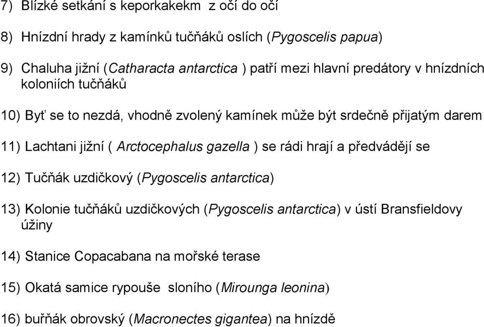 Arctocephalus gazella ) se rádi hrají a předvádějí se 12) Tučňák uzdičkový (Pygoscelis antarctica) 13) Kolonie tučňáků uzdičkových (Pygoscelis antarctica) v