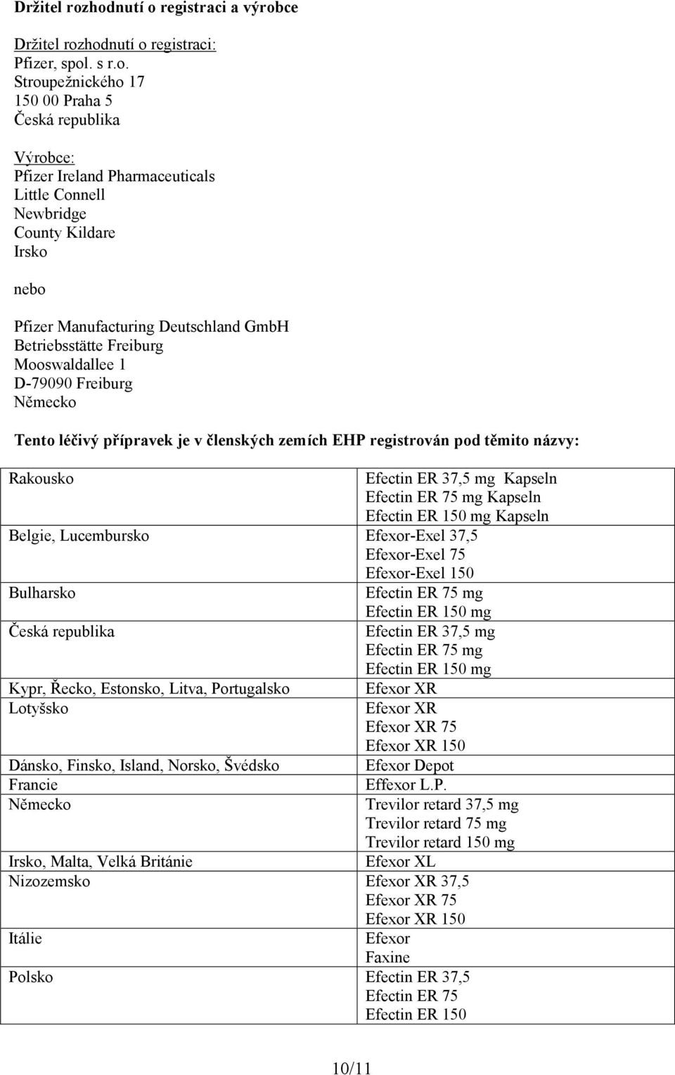 Kildare Irsko nebo Pfizer Manufacturing Deutschland GmbH Betriebsstätte Freiburg Mooswaldallee 1 D-79090 Freiburg Německo Tento léčivý přípravek je v členských zemích EHP registrován pod těmito