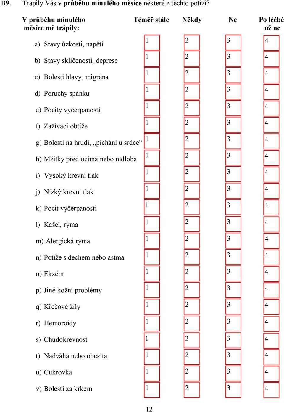 d) Poruchy spánku e) Pocity vyčerpanosti f) Zažívací obtíže g) Bolesti na hrudi, píchání u srdce h) Mžitky před očima nebo mdloba i) Vysoký krevní tlak