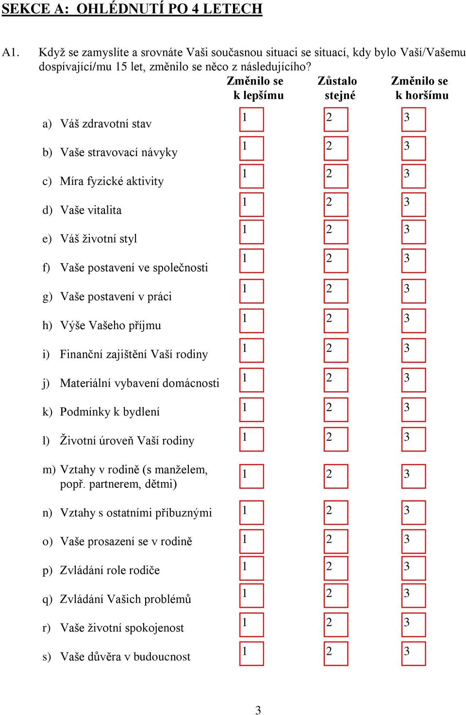 společnosti g) Vaše postavení v práci h) Výše Vašeho příjmu i) Finanční zajištění Vaší rodiny j) Materiální vybavení domácnosti k) Podmínky k bydlení l) Životní úroveň Vaší rodiny m) Vztahy