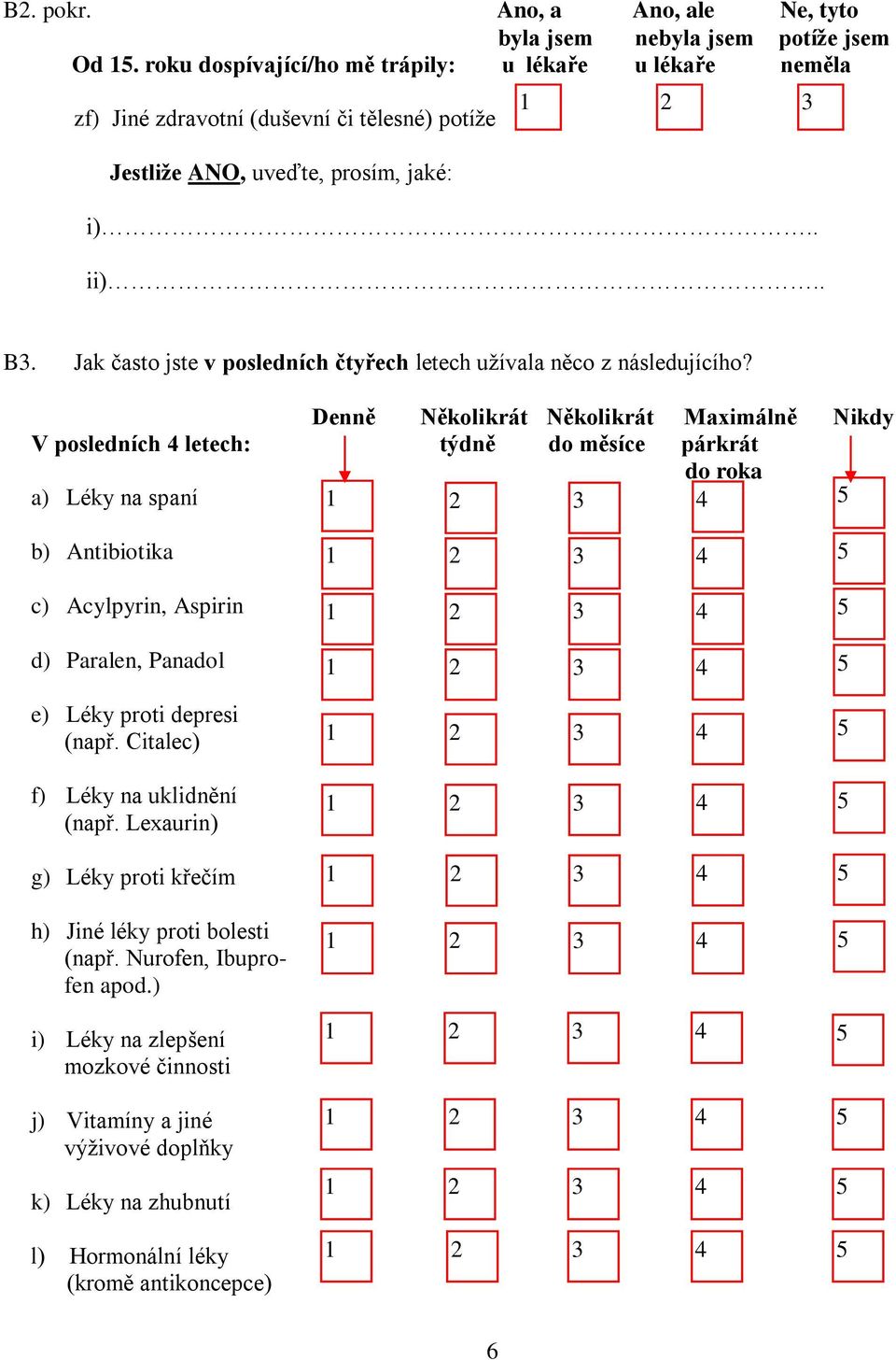 Jak často jste v posledních čtyřech letech užívala něco z následujícího?