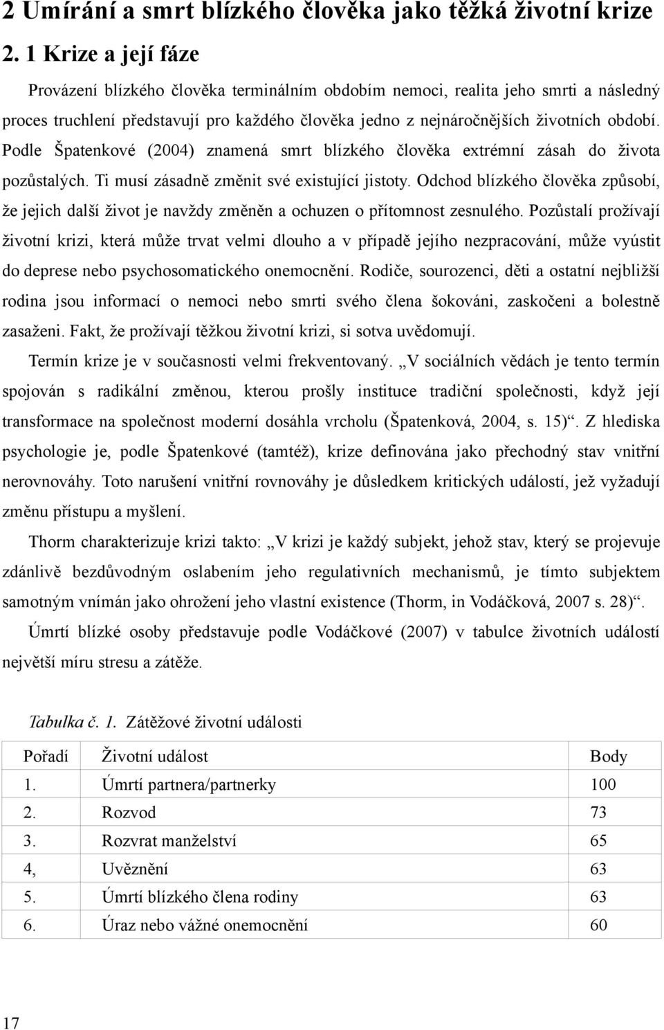 Podle Špatenkové (2004) znamená smrt blízkého člověka extrémní zásah do života pozůstalých. Ti musí zásadně změnit své existující jistoty.