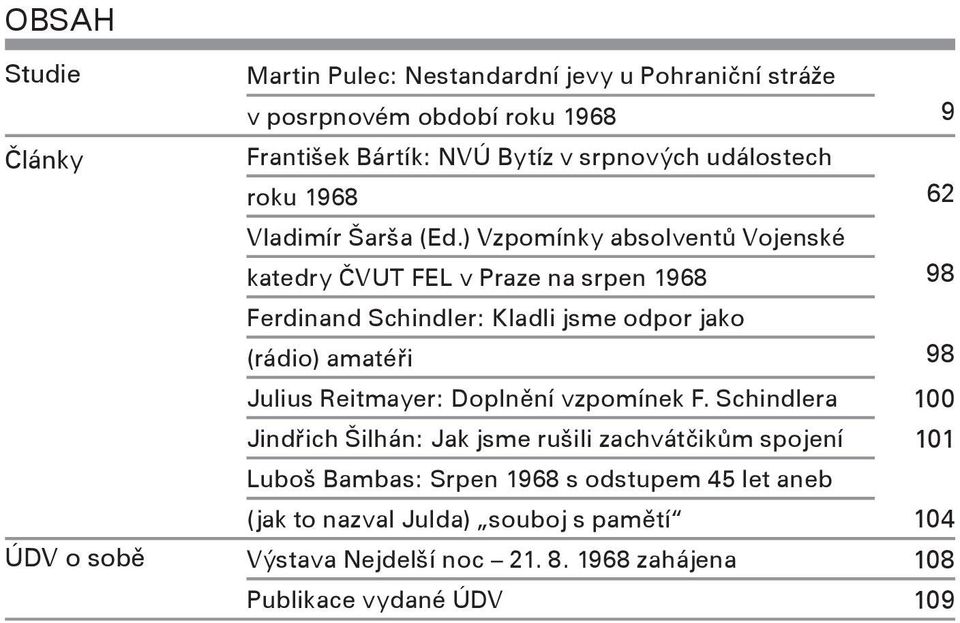 ) Vzpomínky absolventů Vojenské katedry ČVUT FEL v Praze na srpen 1968 98 Ferdinand Schindler: Kladli jsme odpor jako (rádio) amatéři 98 Julius