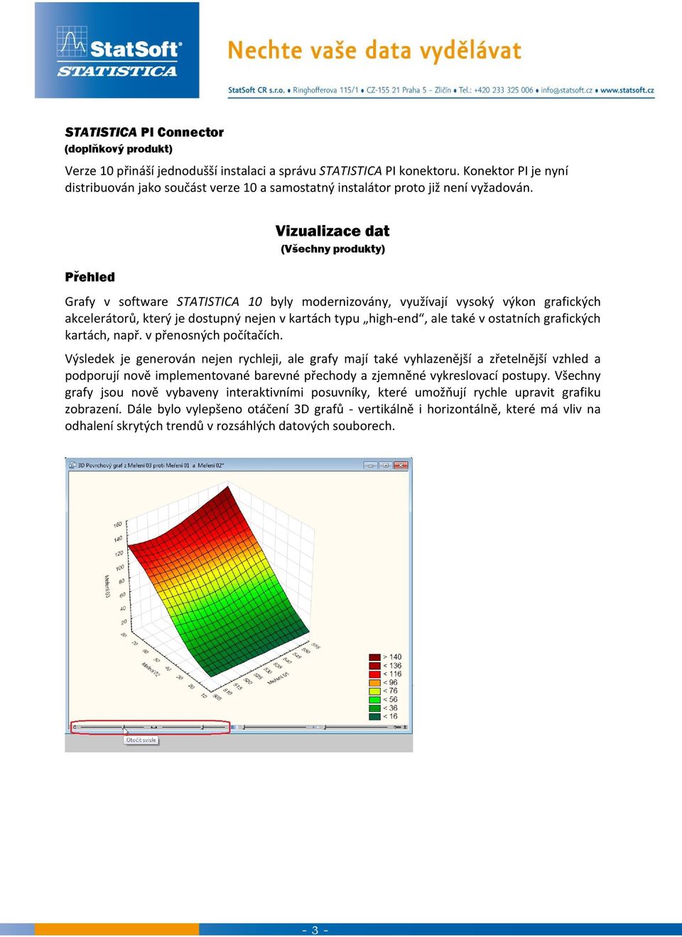 Vizualizace dat (Všechny produkty) Přehled Grafy v software STATISTICA 10 byly modernizovány, využívají vysoký výkon grafických akcelerátorů, který je dostupný nejen v kartách typu high-end, ale také