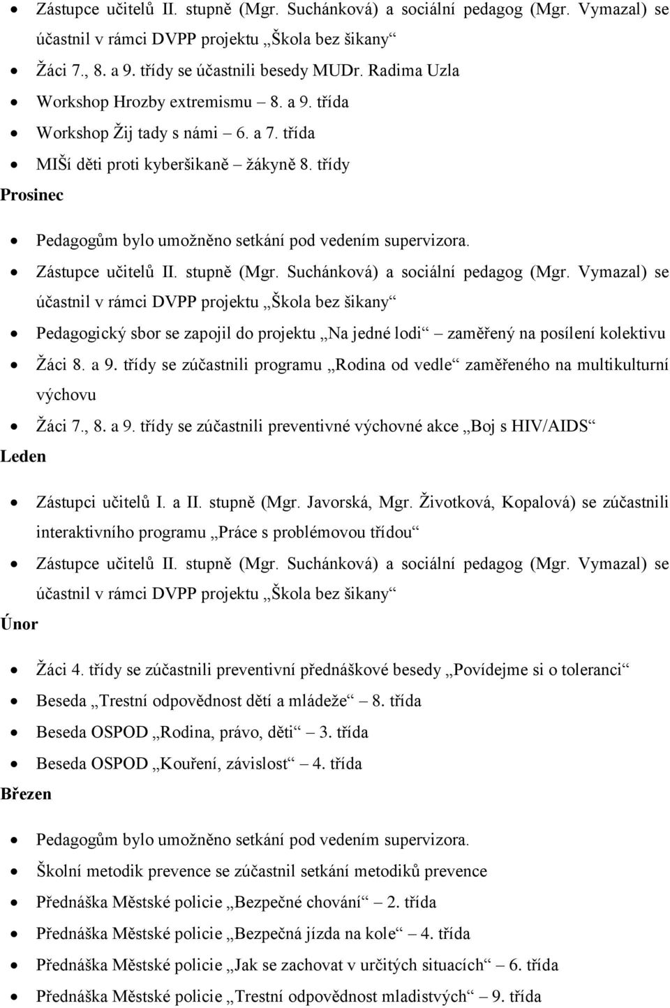 třídy Prosinec Pedagogům bylo umožněno setkání pod vedením supervizora. Zástupce učitelů II. stupně (Mgr. Suchánková) a sociální pedagog (Mgr.