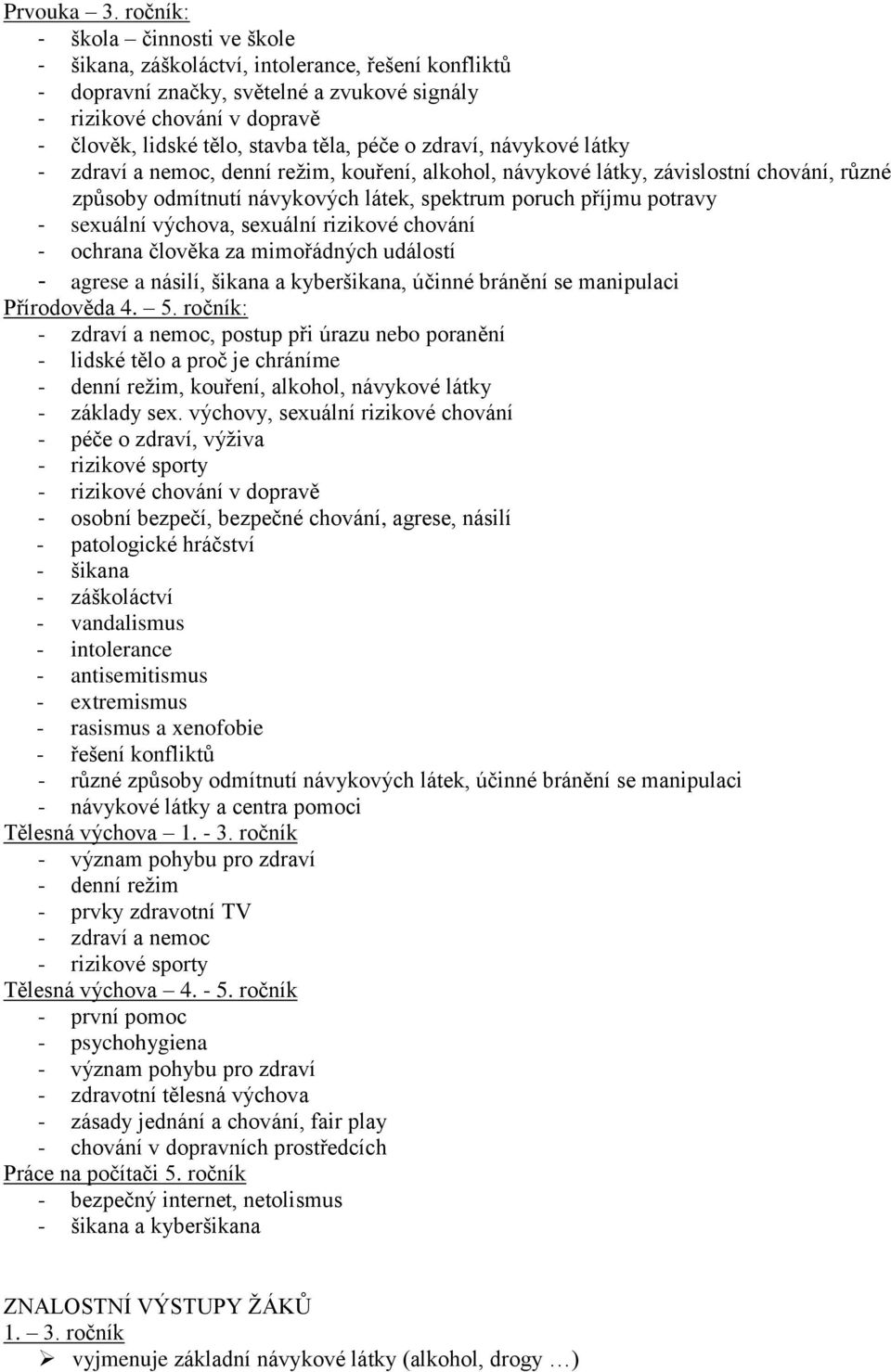 péče o zdraví, návykové látky - zdraví a nemoc, denní režim, kouření, alkohol, návykové látky, závislostní chování, různé způsoby odmítnutí návykových látek, spektrum poruch příjmu potravy - sexuální