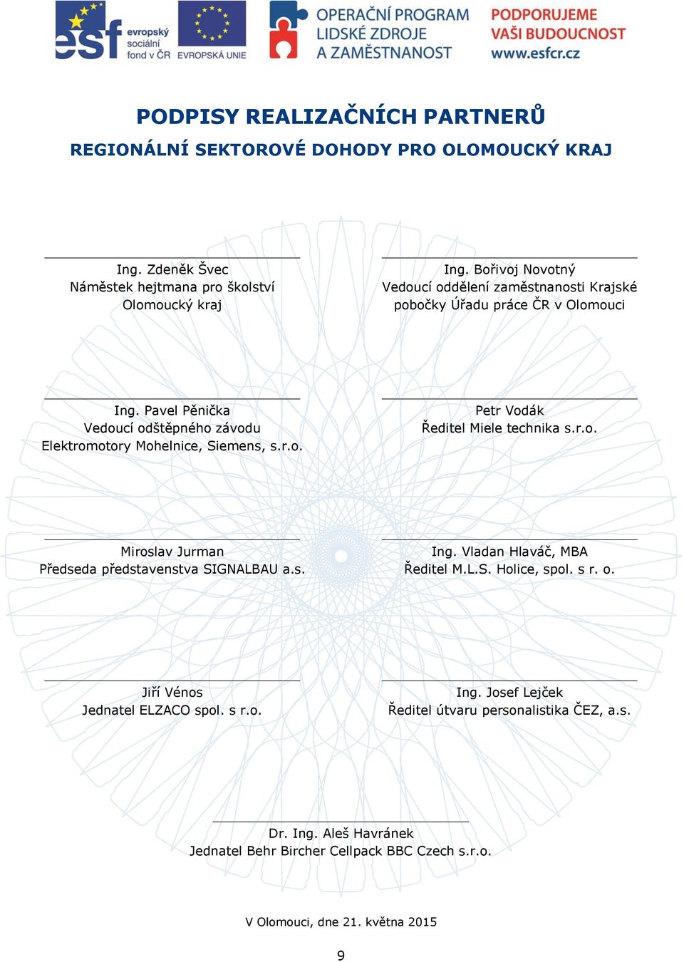 Pavel Pěnička Vedoucí odštěpného závodu Elektromotory Mohelnice, Siemens, s.r.o. Petr Vodák Miele technika s.r.o. Miroslav Jurman Předseda představenstva SIGNALBAU a.