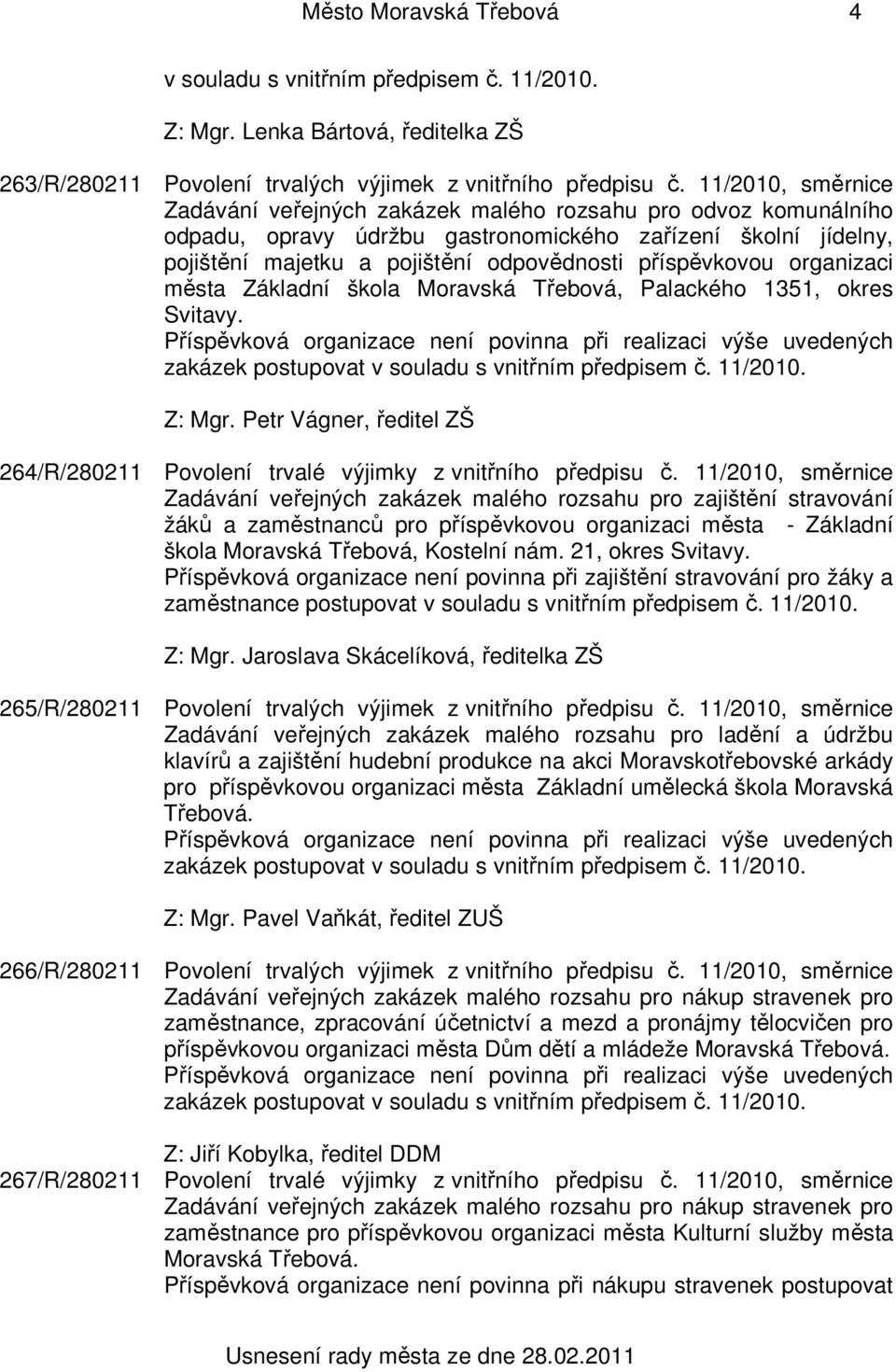 příspěvkovou organizaci města Základní škola Moravská Třebová, Palackého 1351, okres Svitavy.