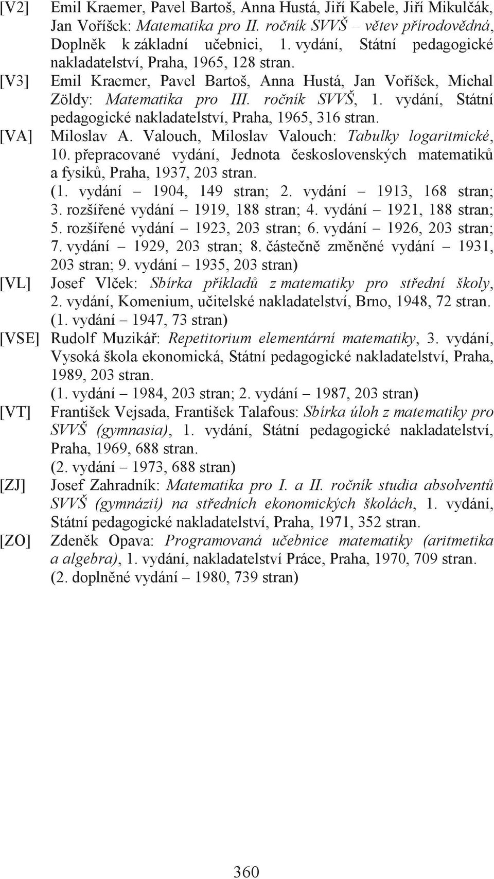 vydání, Státní pedagogické nakladatelství, Praha, 1965, 316 stran. [VA] Miloslav A. Valouch, Miloslav Valouch: Tabulky logaritmické, 10.