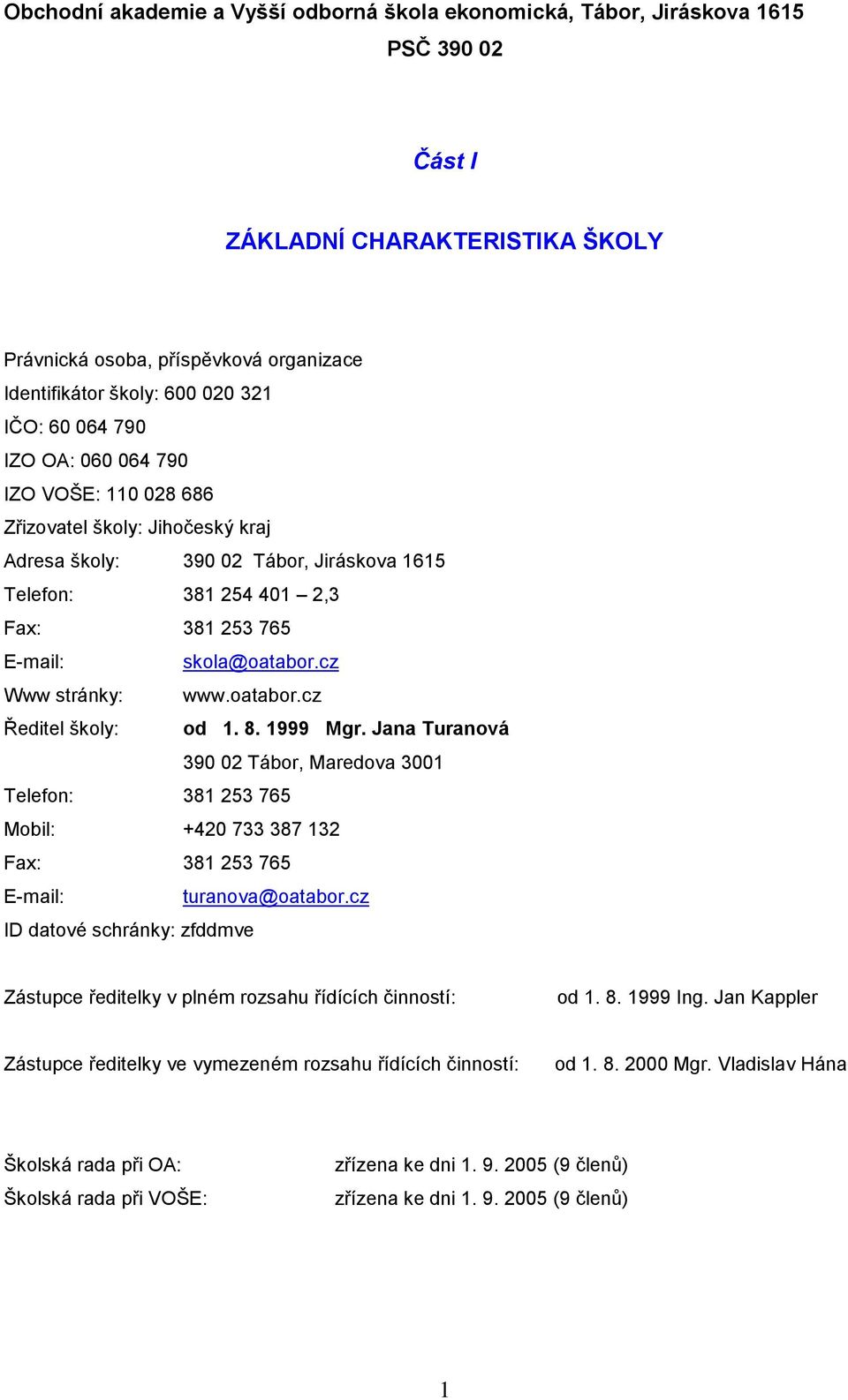 cz Www stránky: www.oatabor.cz Ředitel školy: od 1. 8. 1999 Mgr. Jana Turanová 390 02 Tábor, Maredova 3001 Telefon: 381 253 765 Mobil: +420 733 387 132 Fax: 381 253 765 E-mail: turanova@oatabor.