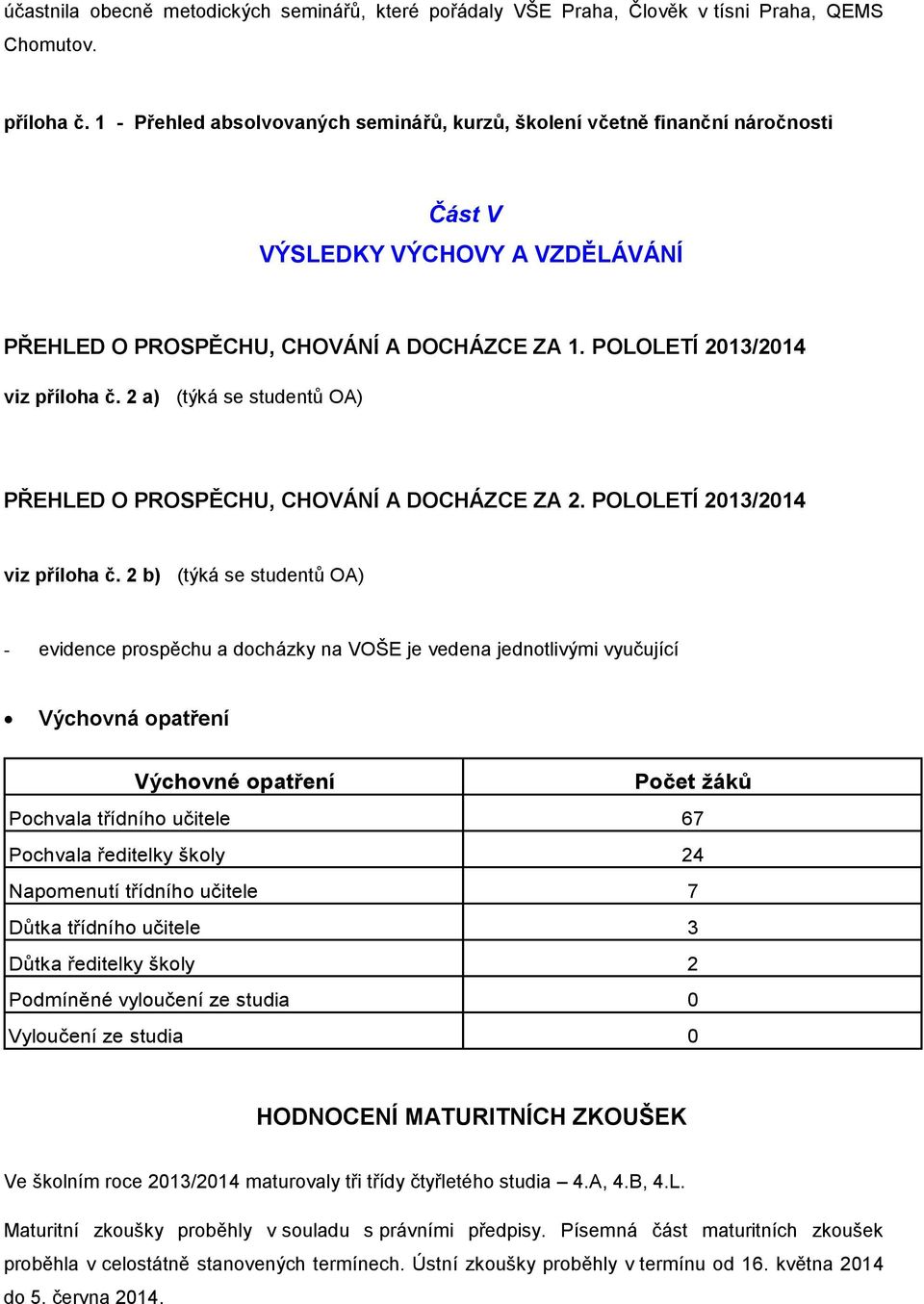 2 a) (týká se studentů OA) PŘEHLED O PROSPĚCHU, CHOVÁNÍ A DOCHÁZCE ZA 2. POLOLETÍ 2013/2014 viz příloha č.