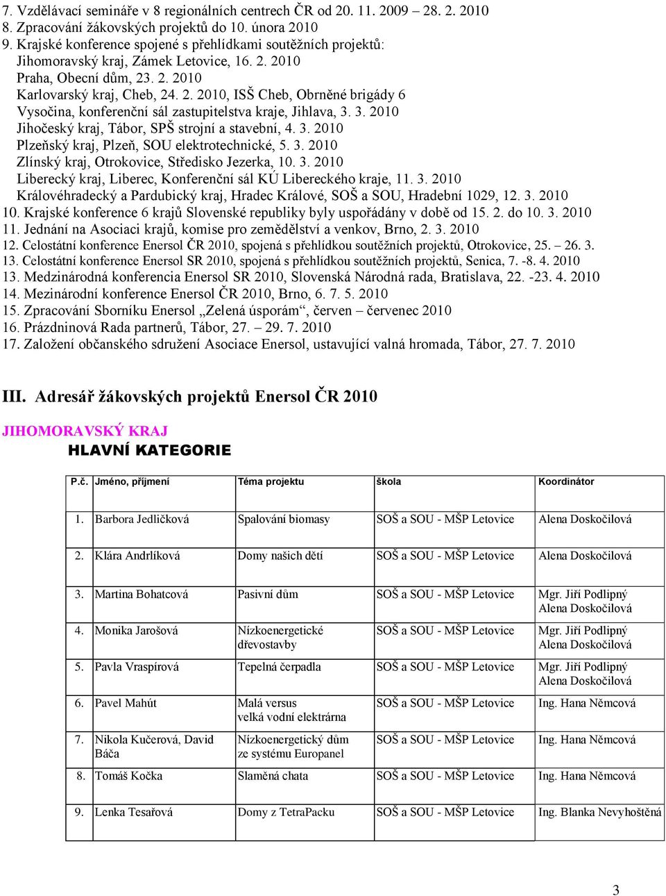 3. 2010 Jihočeský kraj, Tábor, SPŠ strojní a stavební, 4. 3. 2010 Plzeňský kraj, Plzeň, SOU elektrotechnické, 5. 3. 2010 Zlínský kraj, Otrokovice, Středisko Jezerka, 10. 3. 2010 Liberecký kraj, Liberec, Konferenční sál KÚ Libereckého kraje, 11.