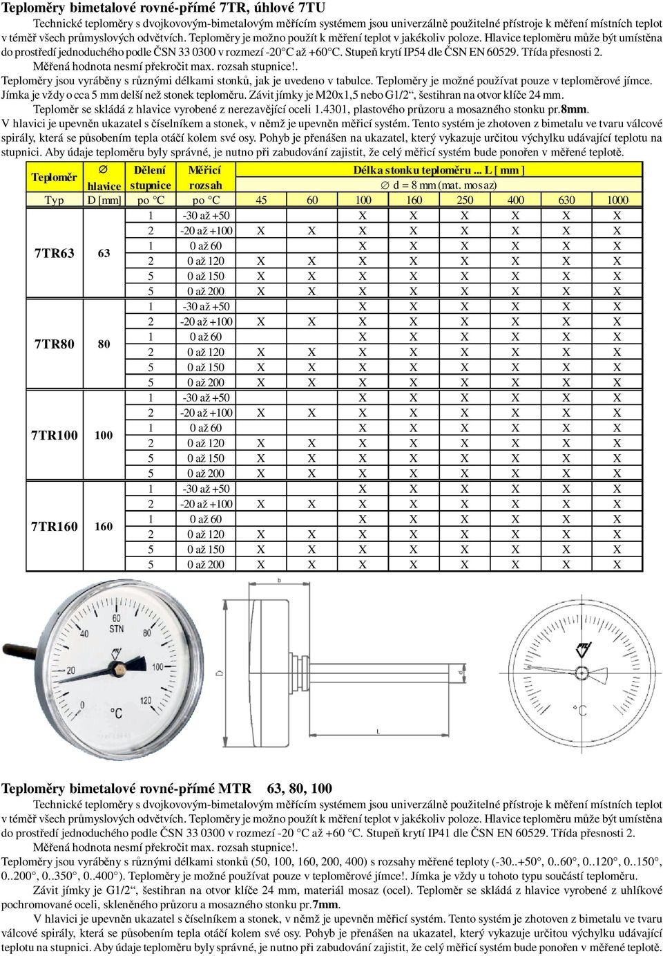 Stupe krytí IP54 dle SN EN 60529. T ída p esnosti 2. ená hodnota nesmí p ekro it max. rozsah stupnice!. Teplom ry jsou vyráb ny s r znými délkami stonk, jak je uvedeno v tabulce.