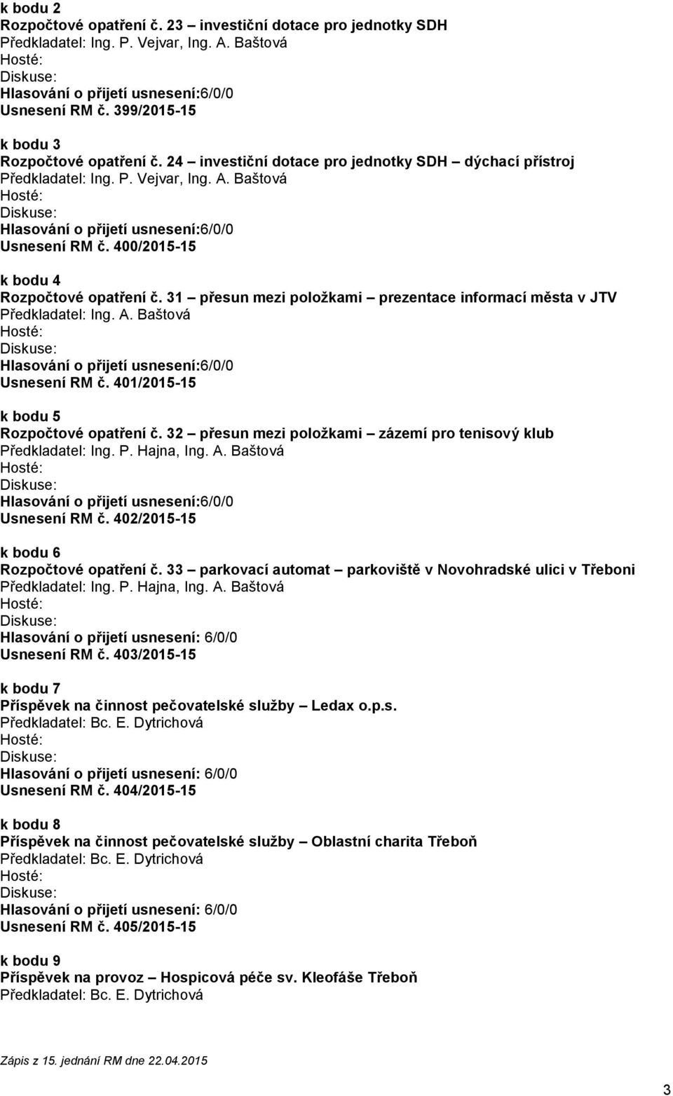 400/2015-15 k bodu 4 Rozpočtové opatření č. 31 přesun mezi položkami prezentace informací města v JTV Hlasování o přijetí usnesení:6/0/0 Usnesení RM č. 401/2015-15 k bodu 5 Rozpočtové opatření č.