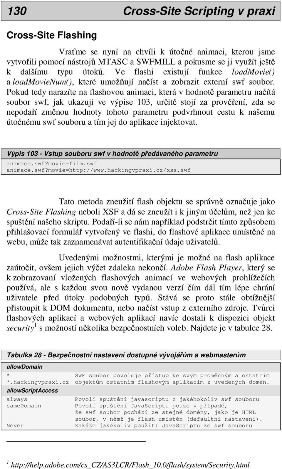 Pokud tedy narazíte na flashovou animaci, která v hodnotě parametru načítá soubor swf, jak ukazuji ve výpise 103, určitě stojí za prověření, zda se nepodaří změnou hodnoty tohoto parametru podvrhnout