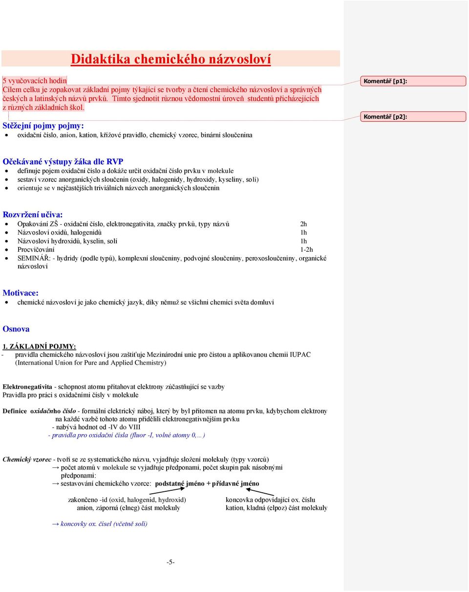 Stěžejní pojmy pojmy: oxidační číslo, anion, kation, křížové pravidlo, chemický vzorec, binární sloučenina Komentář [p1]: Komentář [p]: Očekávané výstupy žáka dle RVP definuje pojem oxidační číslo a