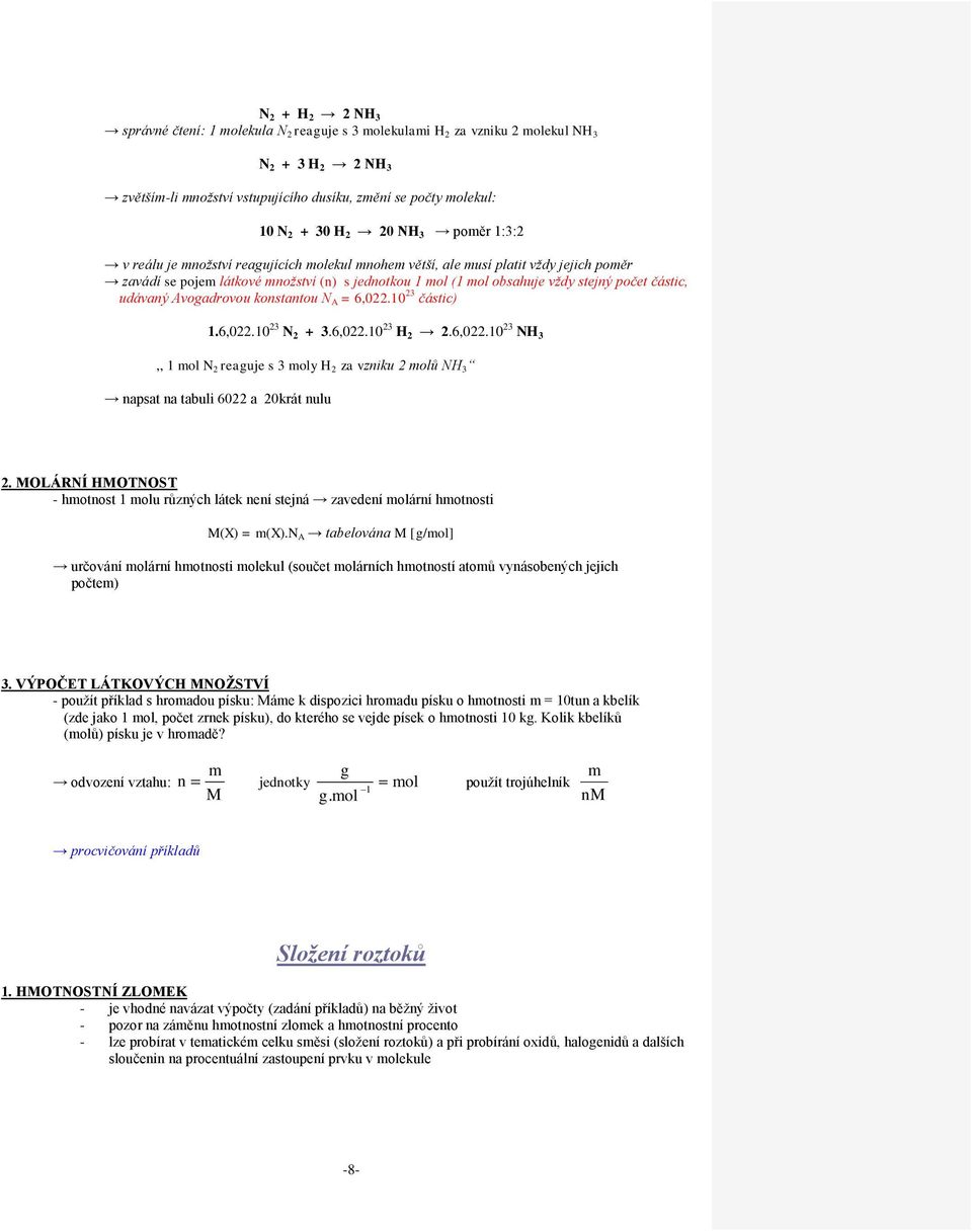 Avogadrovou konstantou N A = 6,0.10 3 částic) 1.6,0.10 3 N + 3.6,0.10 3 H.6,0.10 3 NH 3,, 1 mol N reaguje s 3 moly H za vzniku molů NH 3 napsat na tabuli 60 a 0krát nulu.
