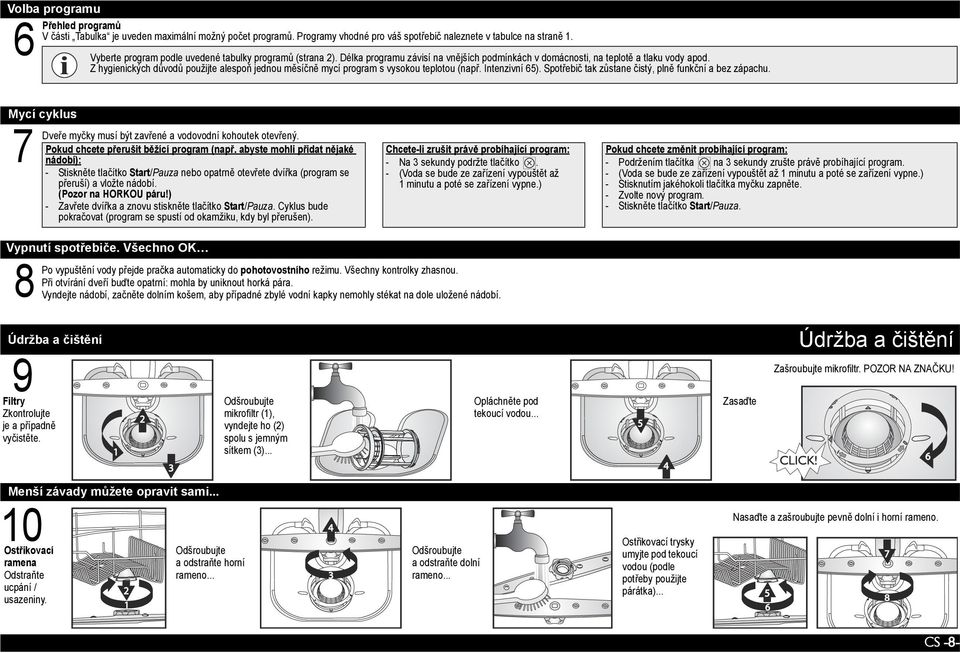 Z hygienických důvodů použijte alespoň jednou měsíčně mycí program s vysokou teplotou (např. Intenzivní 65). Spotřebič tak zůstane čistý, plně funkční a bez zápachu.