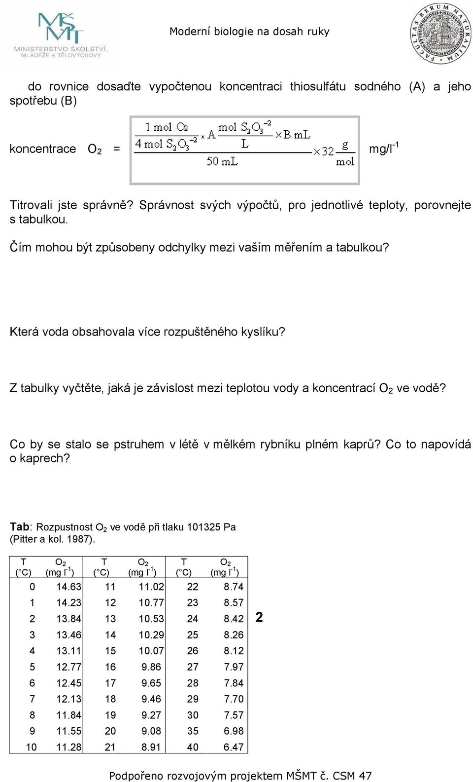 Z tabulky vyčtěte, jaká je závislost mezi teplotou vody a koncentrací O 2 ve vodě? Co by se stalo se pstruhem v létě v mělkém rybníku plném kaprů? Co to napovídá o kaprech?