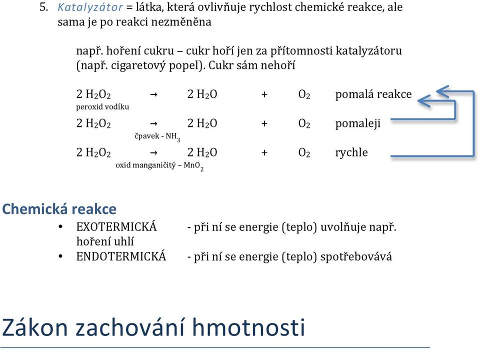 Cukr sám nehoří 2 H2O2 2 H2O + O2 pomalá reakce peroxid vodíku 2 H2O2 2 H2O + O2 pomaleji čpavek NH 3 2 H2O2 2 H2O + O2