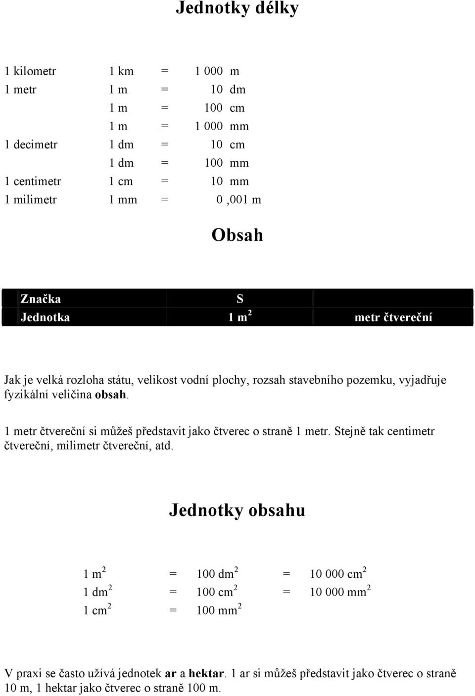 1 metr čtvereční si můžeš představit jako čtverec o straně 1 metr. Stejně tak centimetr čtvereční, milimetr čtvereční, atd.