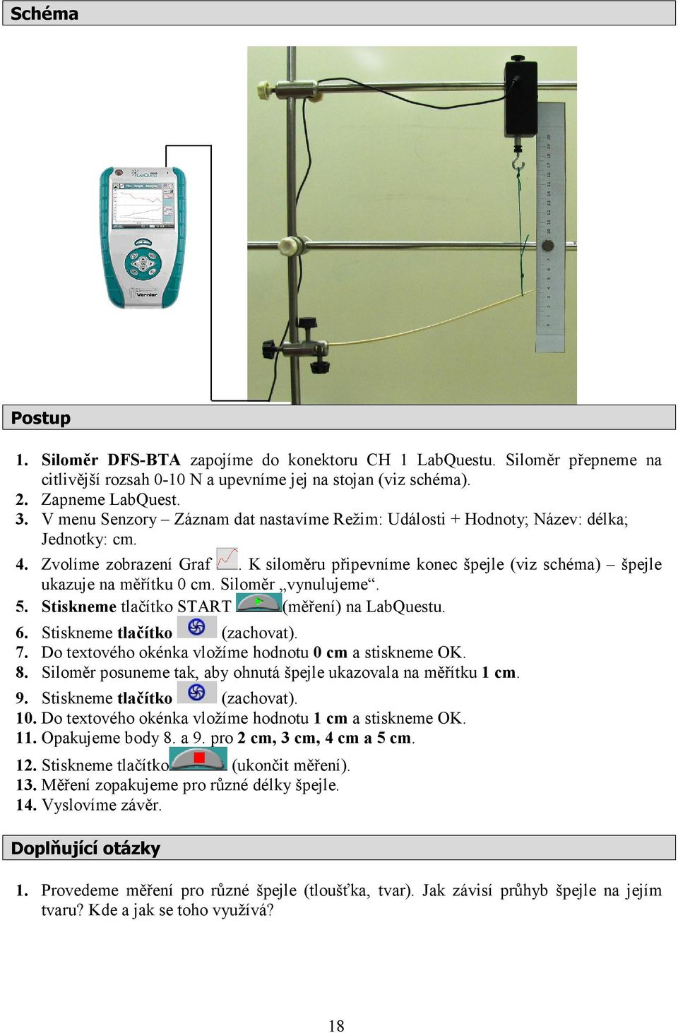 Siloměr vynulujeme. 5. Stiskneme tlačítko START (měření) na LabQuestu. 6. Stiskneme tlačítko (zachovat). 7. Do textového okénka vložíme hodnotu 0 cm a stiskneme OK. 8.