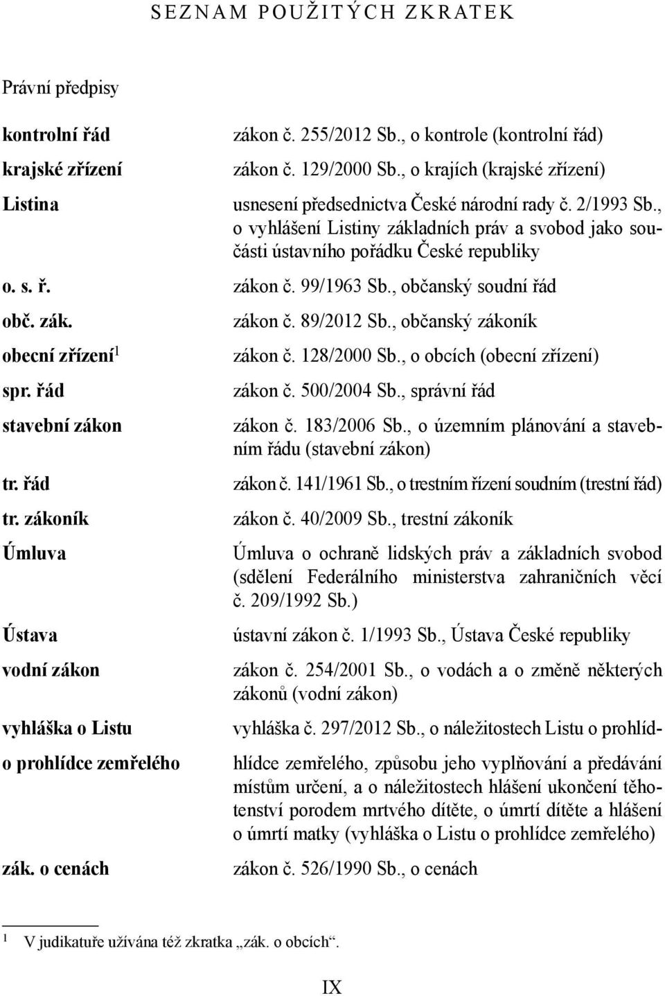 99/1963 Sb., občanský soudní řád obč. zák. obecní zřízení 1 spr. řád stavební zákon tr. řád tr. zákoník Úmluva Ústava vodní zákon vyhláška o Listu vyhláška č. 297/2012 Sb.