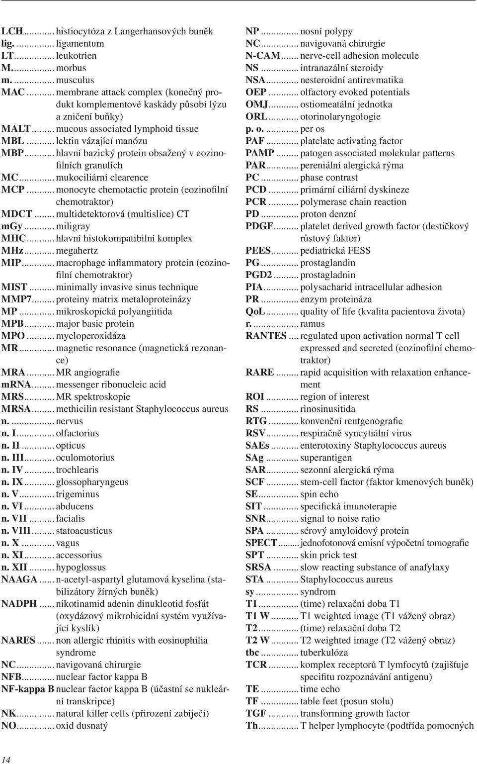 .. hlavní bazický protein obsažený v eozinofilních granulích MC... mukociliární clearence MCP... monocyte chemotactic protein (eozinofilní chemotraktor) MDCT... multidetektorová (multislice) CT mgy.