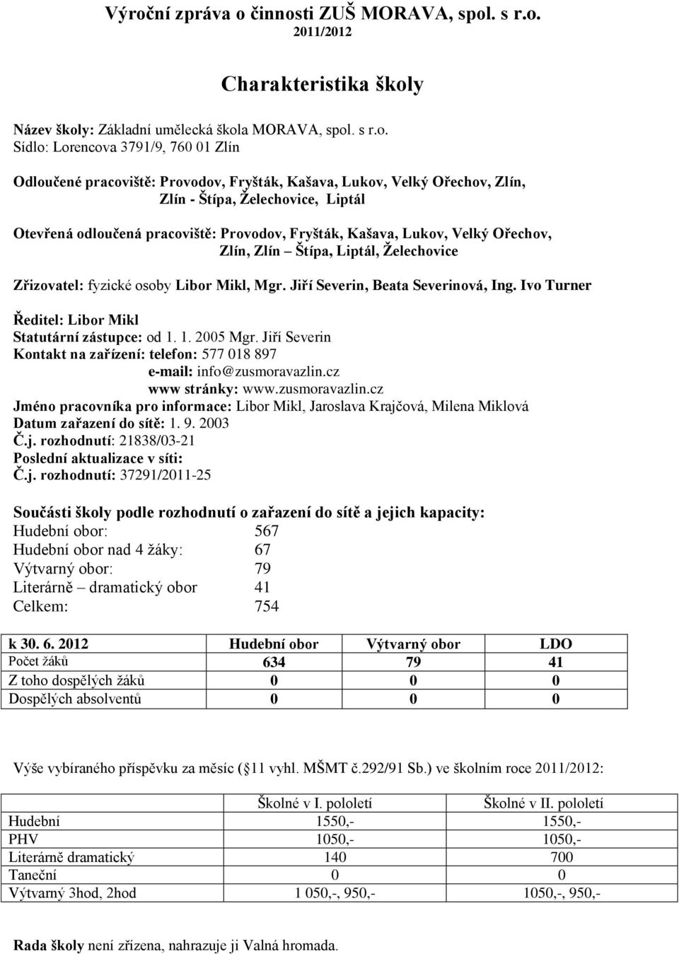 Želechovice Zřizovatel: fyzické osoby Libor Mikl, Mgr. Jiří Severin, Beata Severinová, Ing. Ivo Turner Ředitel: Libor Mikl Statutární zástupce: od 1. 1. 2005 Mgr.