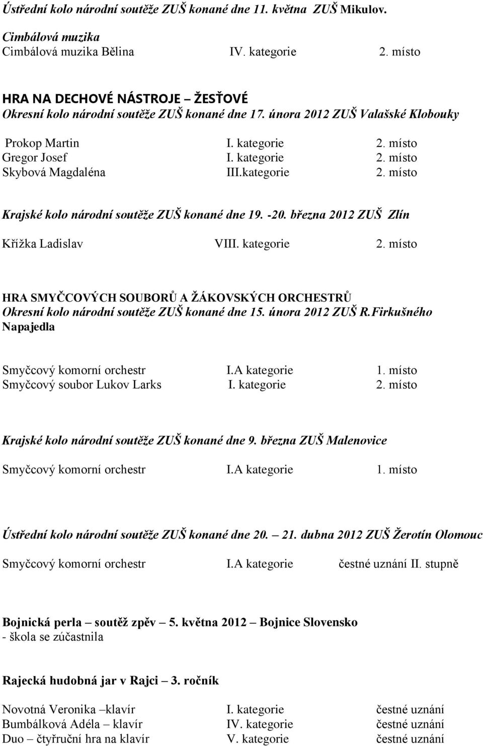 kategorie 2. místo Krajské kolo národní soutěže ZUŠ konané dne 19. -20. března 2012 ZUŠ Zlín Křížka Ladislav VIII. kategorie 2.