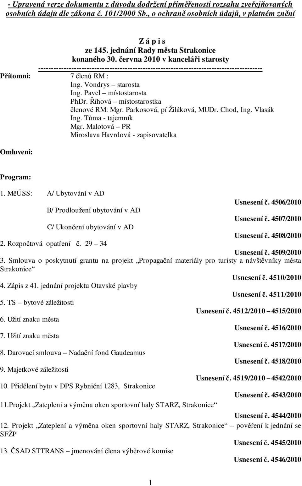 Vondrys starosta Ing. Pavel místostarosta PhDr. Říhová místostarostka členové RM: Mgr. Parkosová, pí Žiláková, MUDr. Chod, Ing. Vlasák Ing. Tůma - tajemník Mgr.