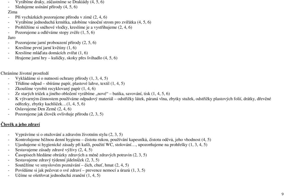 Kreslíme první jarní květiny (1, 6) - Kreslíme mláďata domácích zvířat (1, 6) - Hrajeme jarní hry kuličky, skoky přes švihadlo (4, 5, 6) Chráníme životní prostředí - Vykládáme si o nutnosti ochrany