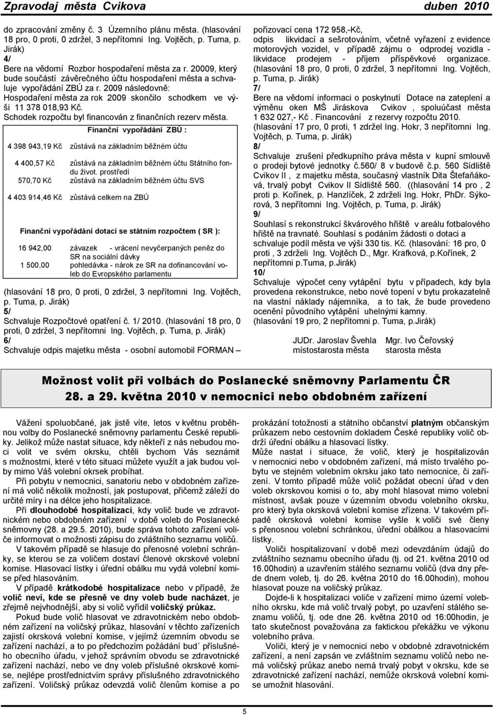 Schodek rozpočtu byl financován z finančních rezerv města. Finanční vypořádání ZBÚ : 4 398 943,19 Kč zůstává na základním běžném účtu 4 400,57 Kč zůstává na základním běžném účtu Státního fondu život.