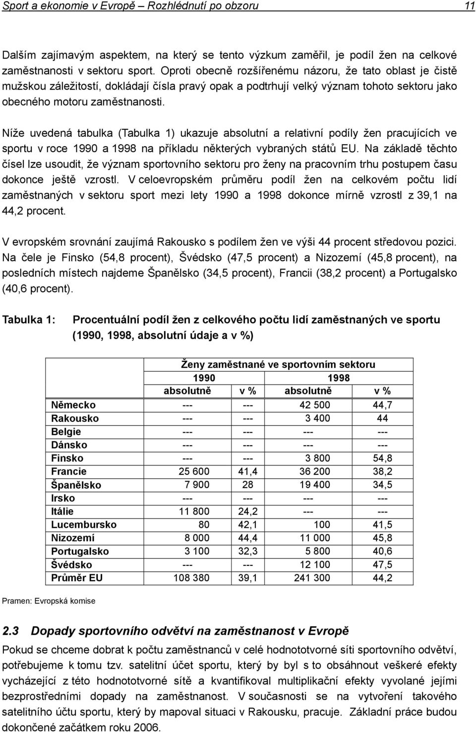 Níže uvedená tabulka (Tabulka 1) ukazuje absolutní a relativní podíly žen pracujících ve sportu v roce 1990 a 1998 na příkladu některých vybraných států EU.