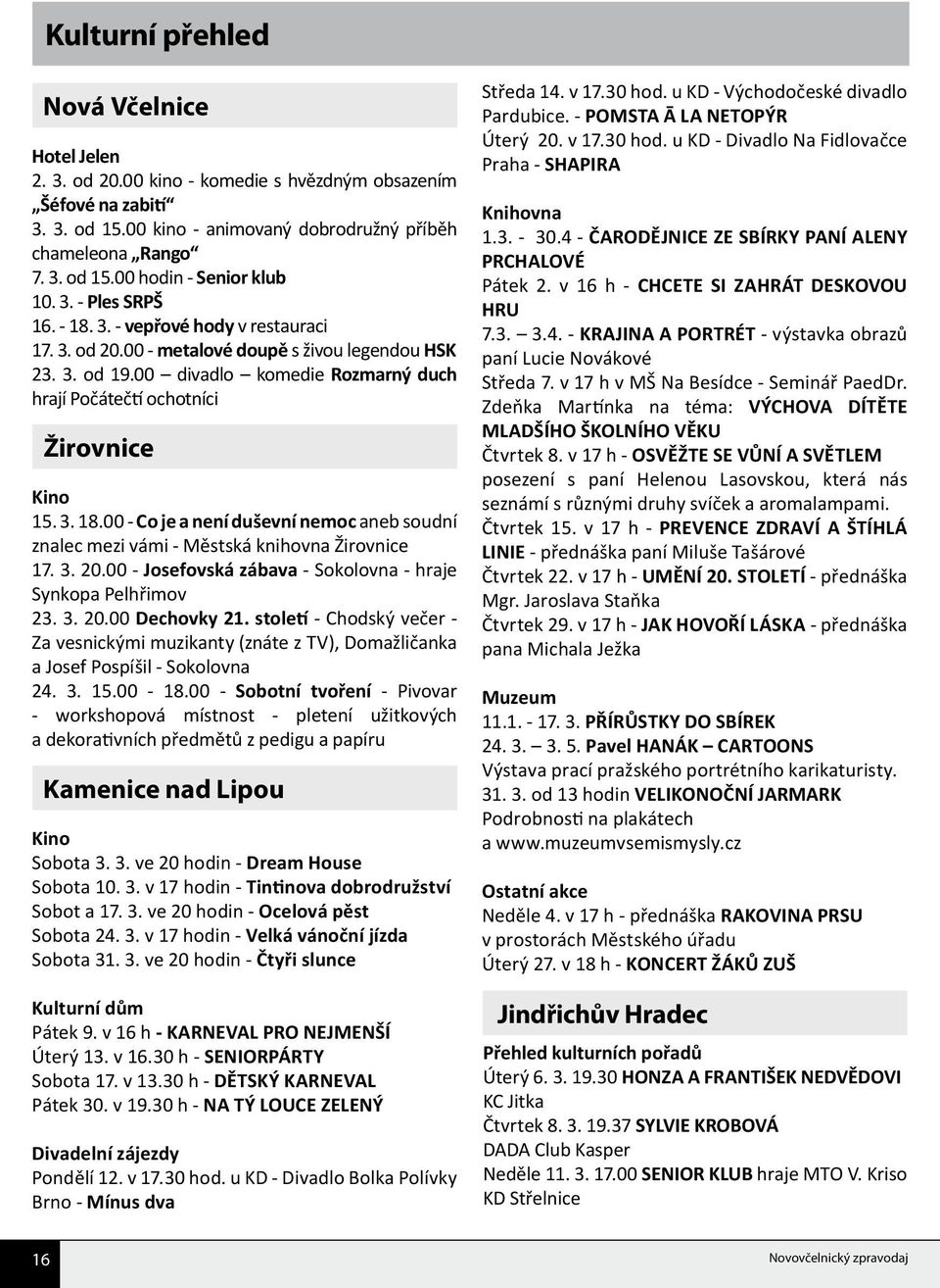 3. 18.00 - Co je a není duševní nemoc aneb soudní znalec mezi vámi - Městská knihovna Žirovnice 17. 3. 20.00 - Josefovská zábava - Sokolovna - hraje Synkopa Pelhřimov 23. 3. 20.00 Dechovky 21.