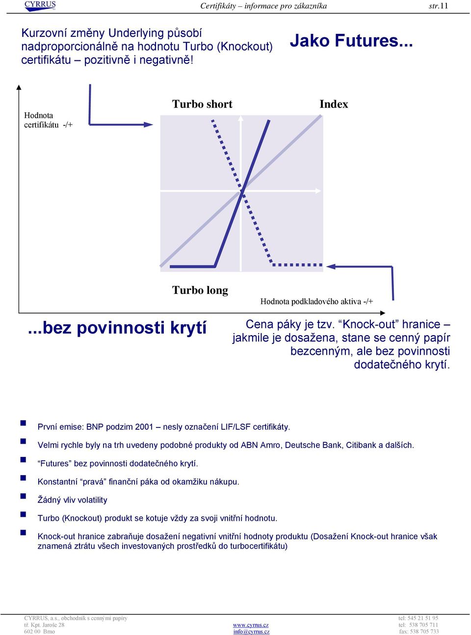 Knock-out hranice jakmile je dosažena, stane se cenný papír bezcenným, ale bez povinnosti dodatečného krytí. První emise: BNP podzim 2001 nesly označení LIF/LSF.