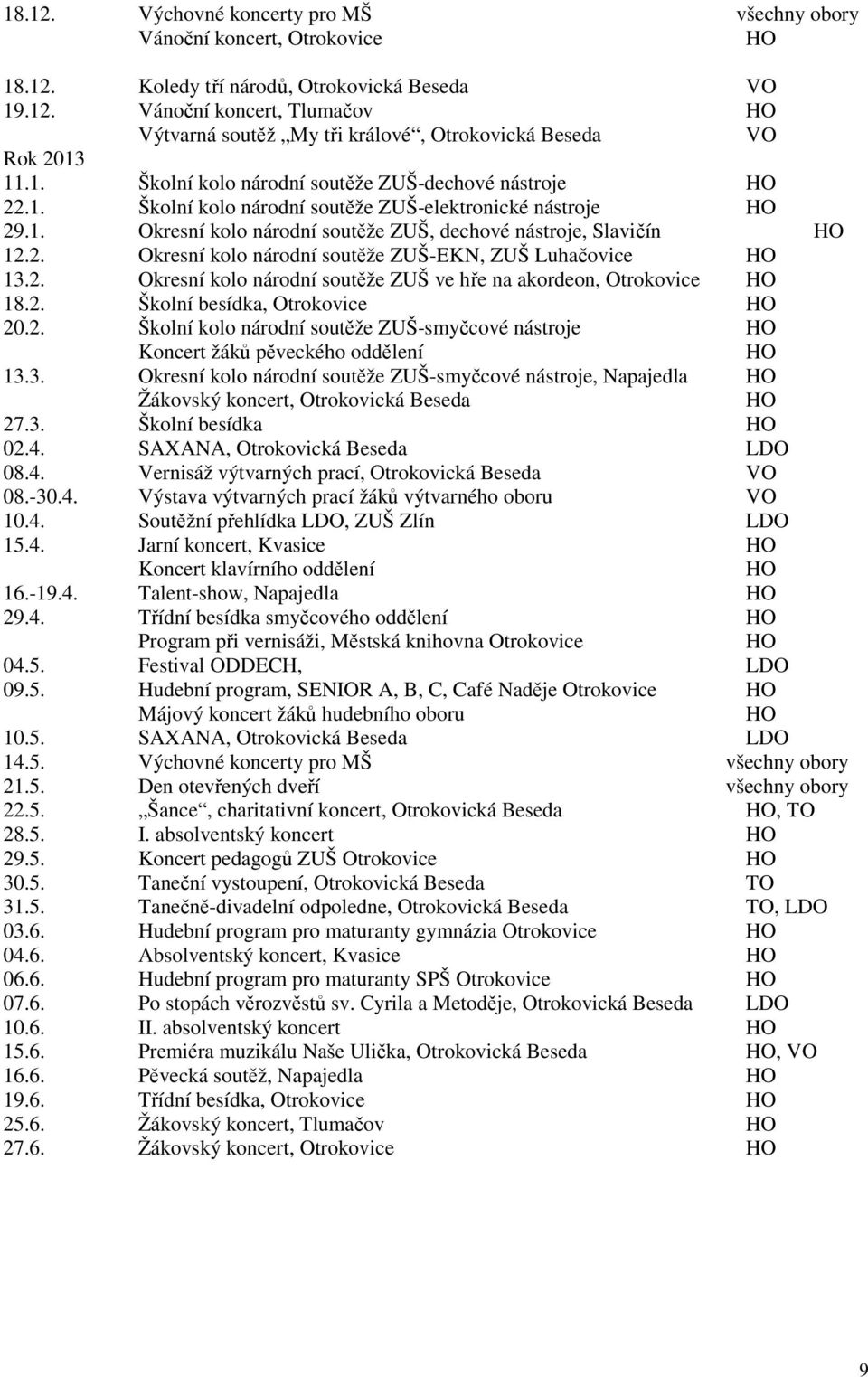 2. Okresní kolo národní soutěže ZUŠ ve hře na akordeon, Otrokovice 18.2. Školní besídka, Otrokovice 20.2. Školní kolo národní soutěže ZUŠ-smyčcové nástroje Koncert žáků pěveckého oddělení 13.