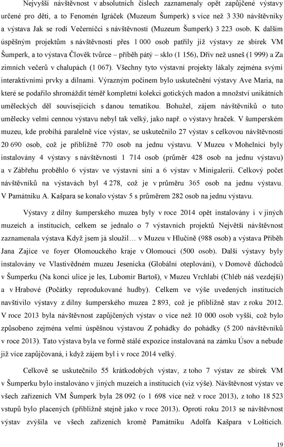 K dalším úspěšným projektům s návštěvností přes 1 000 osob patřily již výstavy ze sbírek VM Šumperk, a to výstava Člověk tvůrce příběh pátý sklo (1 156), Dřív než usneš (1 999) a Za zimních večerů v