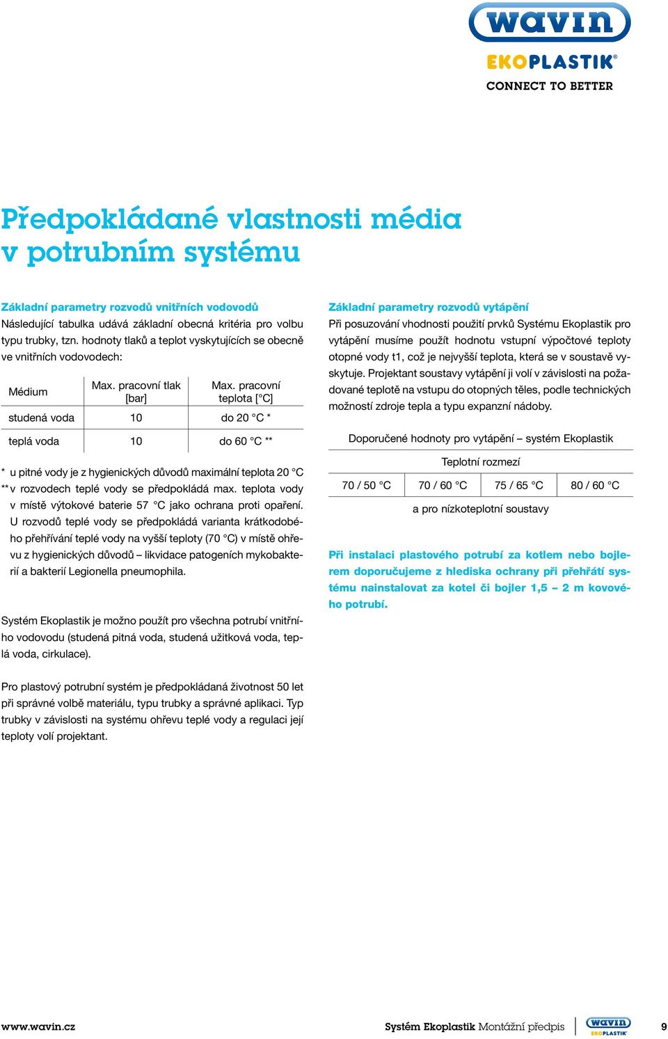 pracovní teplota [ C] studená voda 10 do 20 C * Základní parametry rozvodů vytápění Při posuzování vhodnosti použití prvků Systému Ekoplastik pro vytápění musíme použít hodnotu vstupní výpočtové