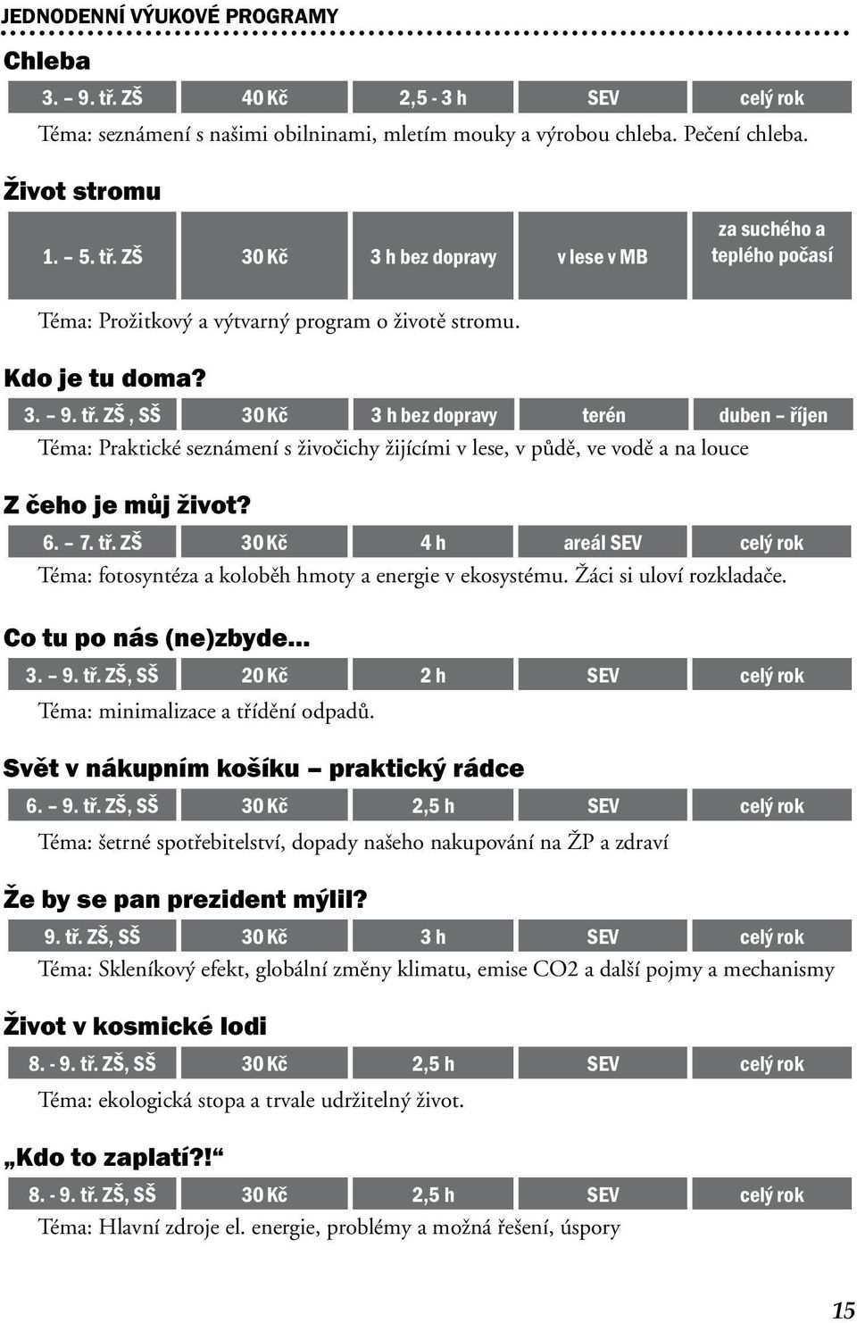 Žáci si uloví rozkladače. Co tu po nás (ne)zbyde... 3. 9. tř. ZŠ, SŠ 20 Kč 2 h SEV celý rok Téma: minimalizace a třídění odpadů. Svět v nákupním košíku praktický rádce 6. 9. tř. ZŠ, SŠ 30 Kč 2,5 h SEV celý rok Téma: šetrné spotřebitelství, dopady našeho nakupování na ŽP a zdraví Že by se pan prezident mýlil?