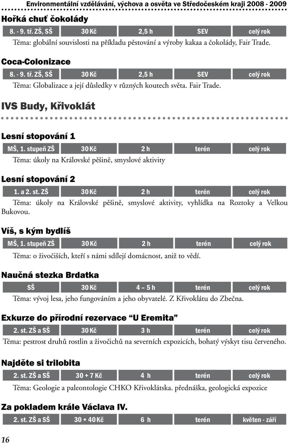 ZŠ, SŠ 30 Kč 2,5 h SEV celý rok Téma: Globalizace a její důsledky v různých koutech světa. Fair Trade. IVS Budy, Křivoklát Lesní stopování 1 16 MŠ, 1.