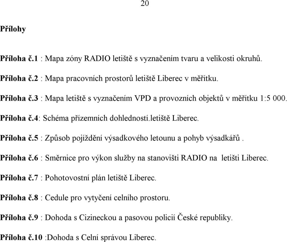 Příloha č.7 : Pohotovostní plán letiště Liberec. Příloha č.8 : Cedule pro vytyčení celního prostoru. Příloha č.9 : Dohoda s Cizineckou a pasovou policií České republiky.