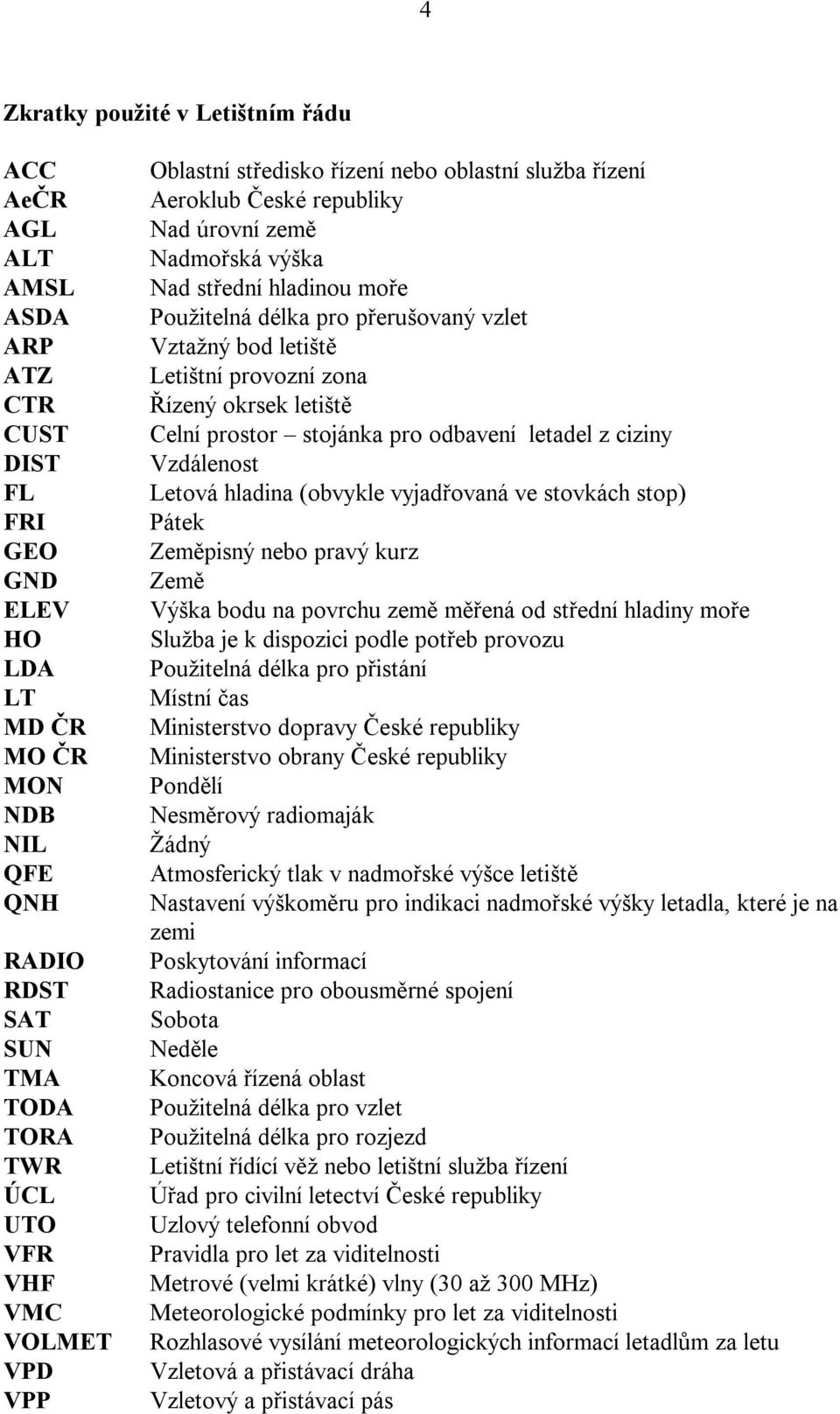 Vztažný bod letiště Letištní provozní zona Řízený okrsek letiště Celní prostor stojánka pro odbavení letadel z ciziny Vzdálenost Letová hladina (obvykle vyjadřovaná ve stovkách stop) Pátek Zeměpisný