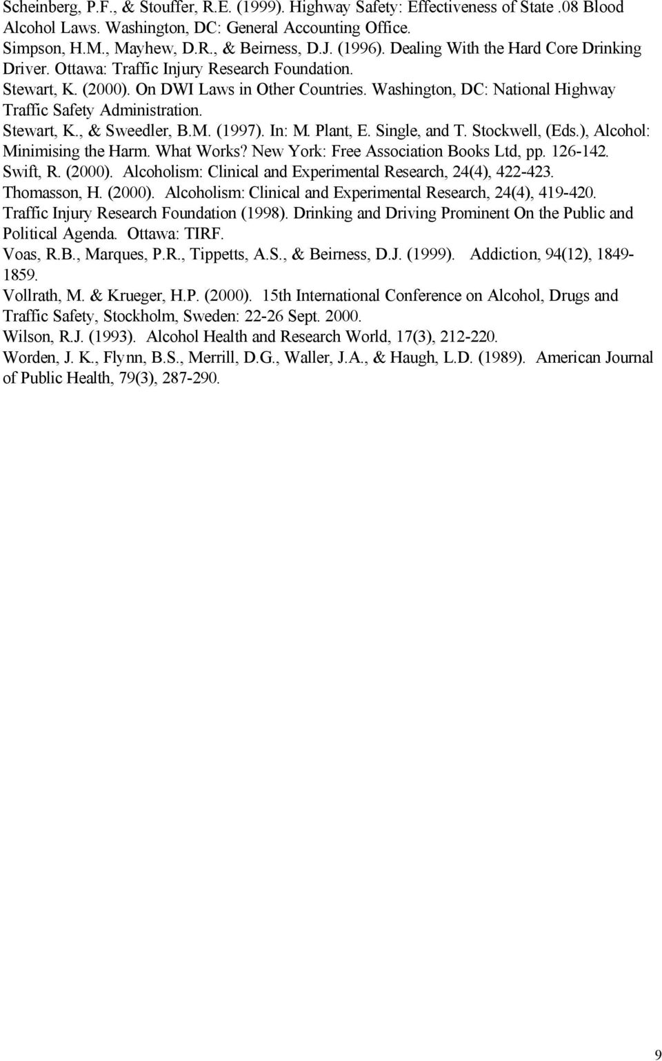 Washington, DC: National Highway Traffic Safety Administration. Stewart, K., & Sweedler, B.M. (1997). In: M. Plant, E. Single, and T. Stockwell, (Eds.), Alcohol: Minimising the Harm. What Works?
