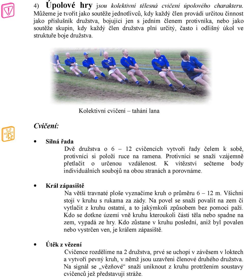 plní určitý, často i odlišný úkol ve struktuře boje družstva. Kolektivní cvičení tahání lana Silná řada Dvě družstva o 6 12 cvičencích vytvoří řady čelem k sobě, protivníci si položí ruce na ramena.